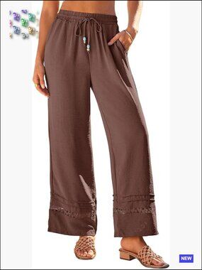 High Waist Wide Leg Palazzo Pants with Lace Ankle Cuffs Summer Casual